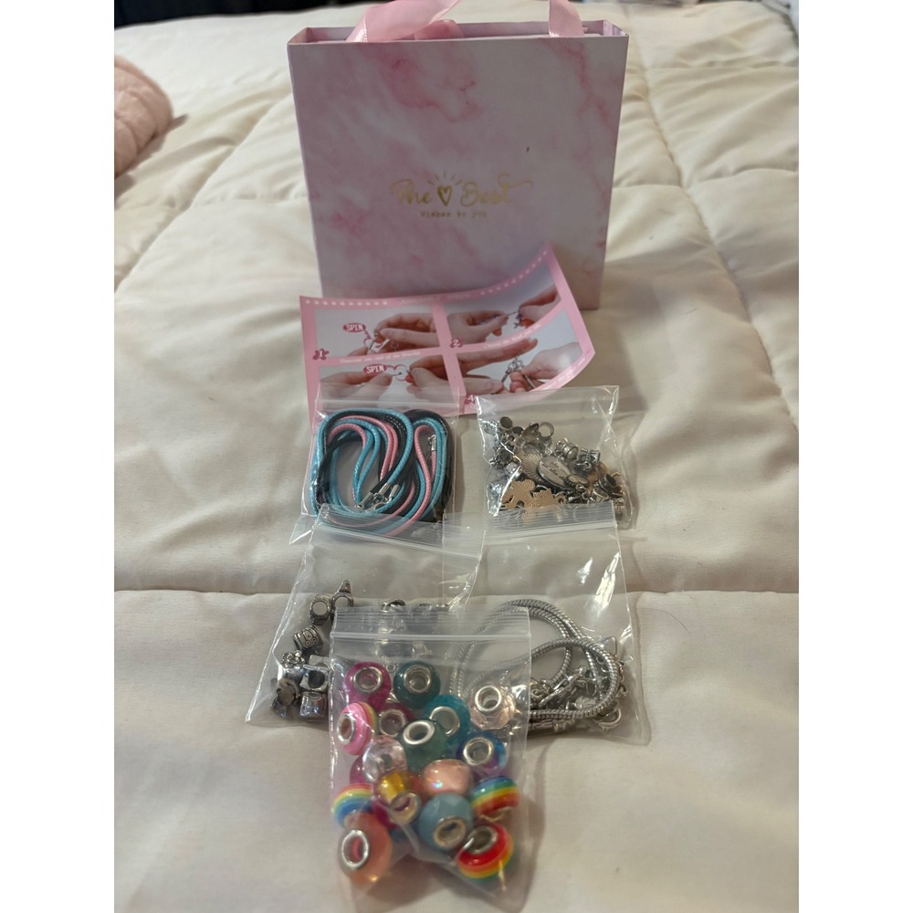DIY Charm Bracelet Necklace Making Kit Beads Silver Charms‎ Gift Bag Instruction